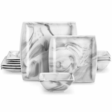 Mldyrzyh Blance Marble Grey 12 Piece Dinnerware Set with Dinner & Dessert Plates and Bowls