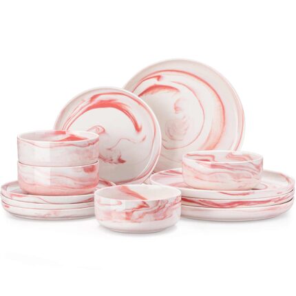 Mldyrzyh Luna Marble Pink 12 Piece Dinnerware Set