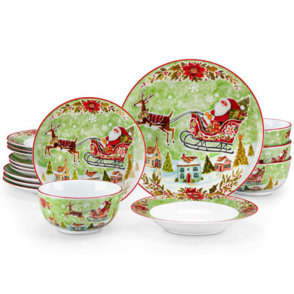 Mldyrzyh Xmas Reindeer Sleigh 16 Piece Dinnerware Set
